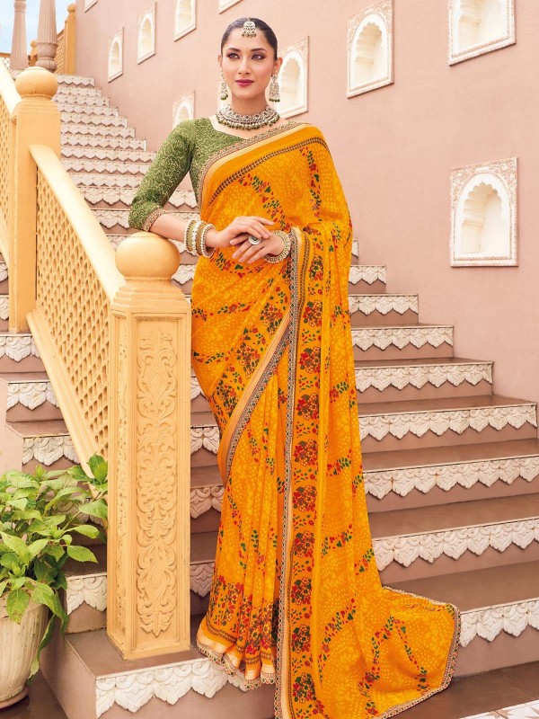 Mustard Georgette Chiffon Bandhani Print Saree